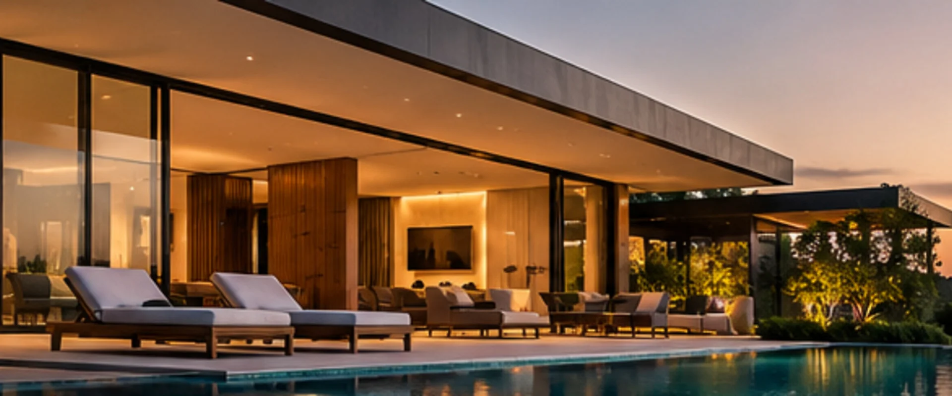 Imagem demonstrativa de casa contemporânea com piscina ao entardecer