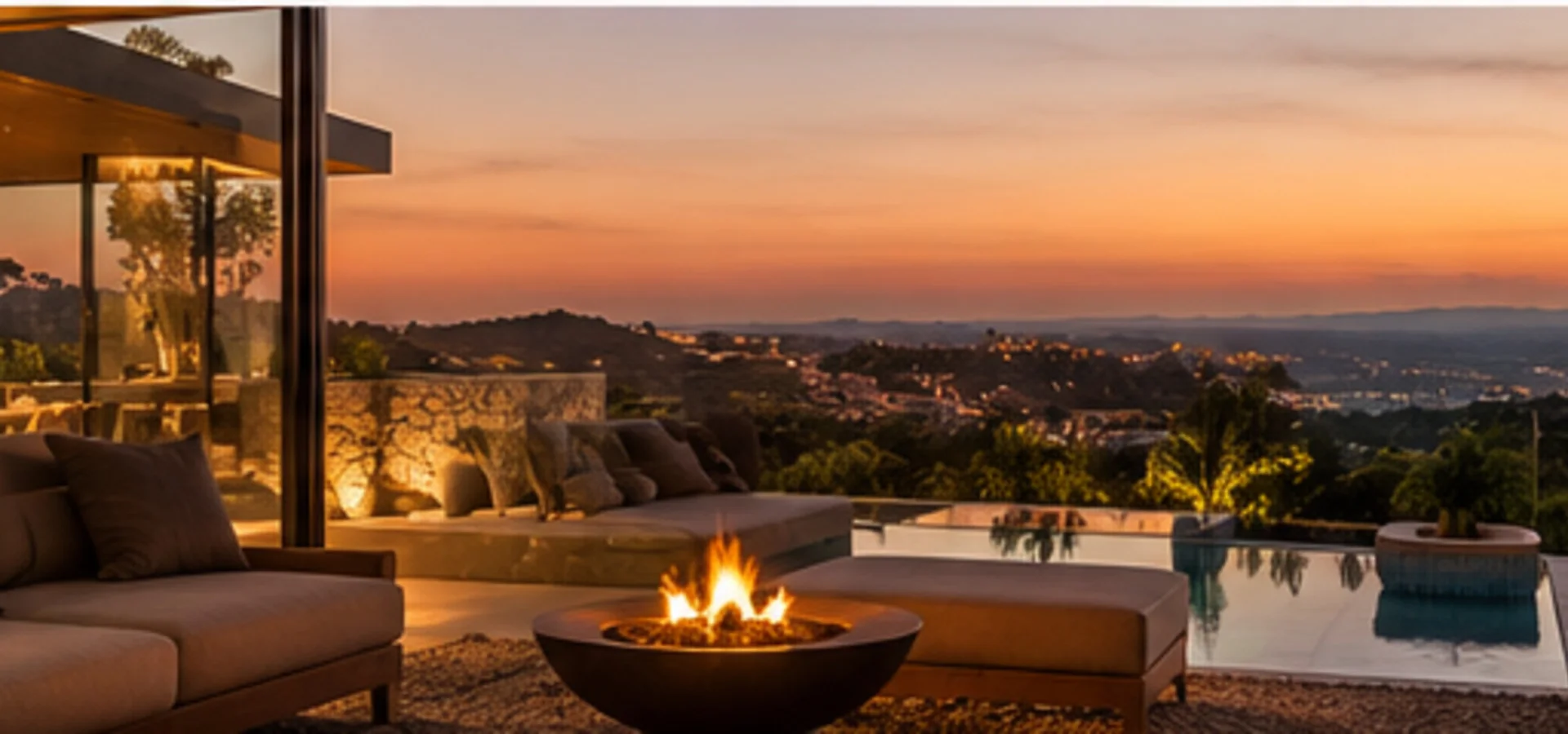 Imagem demonstrativa de terraço com piscina e vista ao entardecer